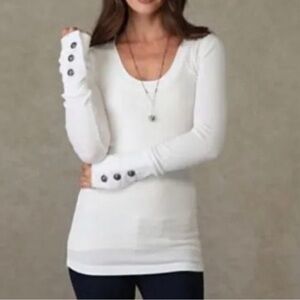 NWT Free People Moto Motor Button Cuff Waffle Thermal Top White Sz Large